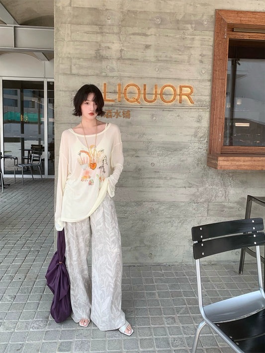 [Cloud Ink Trace] French Printed Slim-Fit High-Waist Trousers