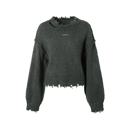 Design original à la mode lâche, paresseux, trou cassé du vent, bord de fourrure cassé, pull de fil en boucle pour femmes en automne et hiver