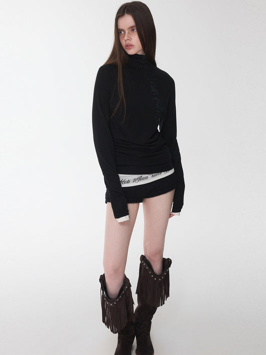 Rhinestone Raglan Turtleneck Top