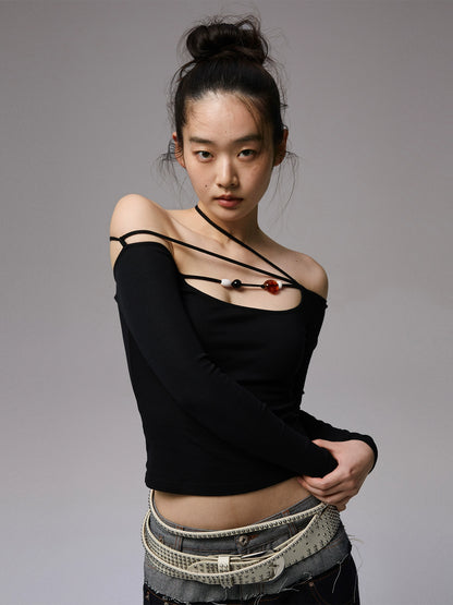 One-Shoulder Beaded Strap T-Shirt – Slim Fit Solid Long Sleeve Top