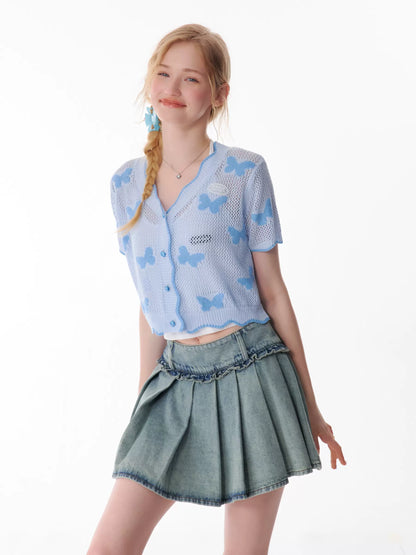 Butterfly Hollow Knitted Short Sleeve T-shirt | Summer Retro Sunscreen Cardigan