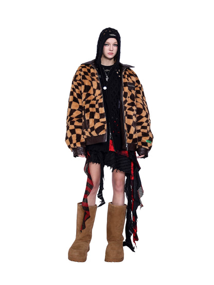 Twisted Checkerboard Plush Panels Chic Fur Coat