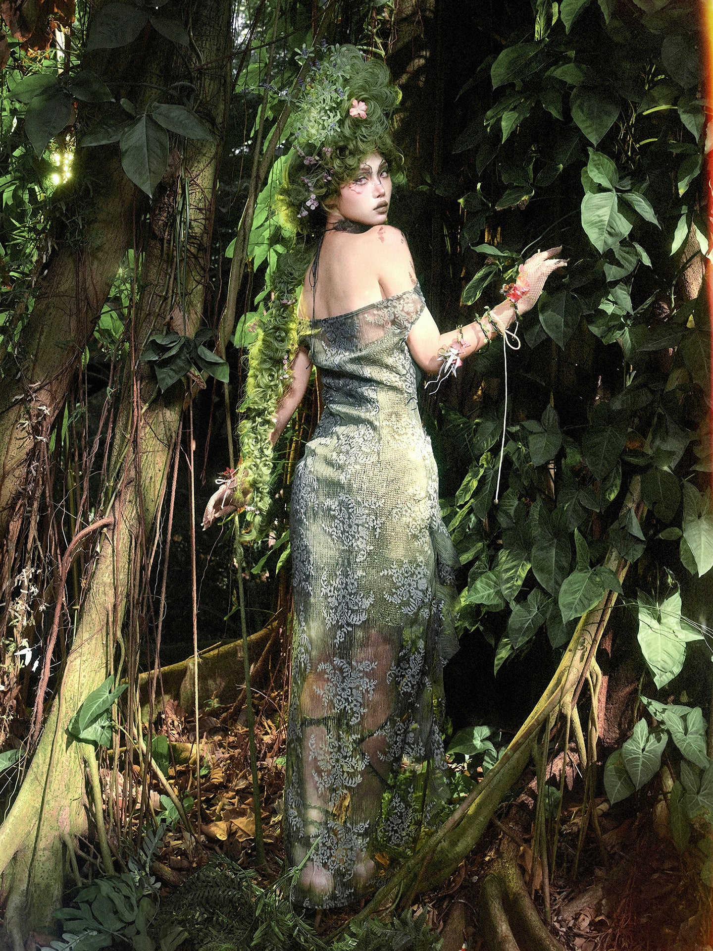 Distressed Chiffon Dress Set – Elf Wind Forest Neckline Look S One-shoulder dress (sheer flocked skirt two-piece set)