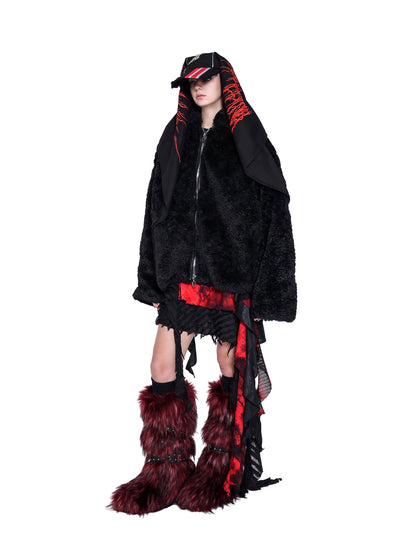 original double-zipper insulated sheep beach wool genderless black basic loose fur jacket