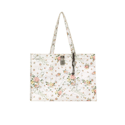 Classic Floral Oversized Tote Bag – Resort Style with Heart Lock