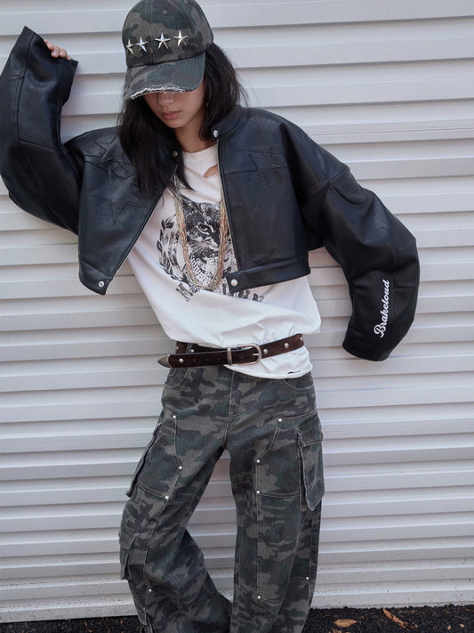 Women's color-blocked letter print patchwork structured jacket, oversized biker style, quilted short leather jacket