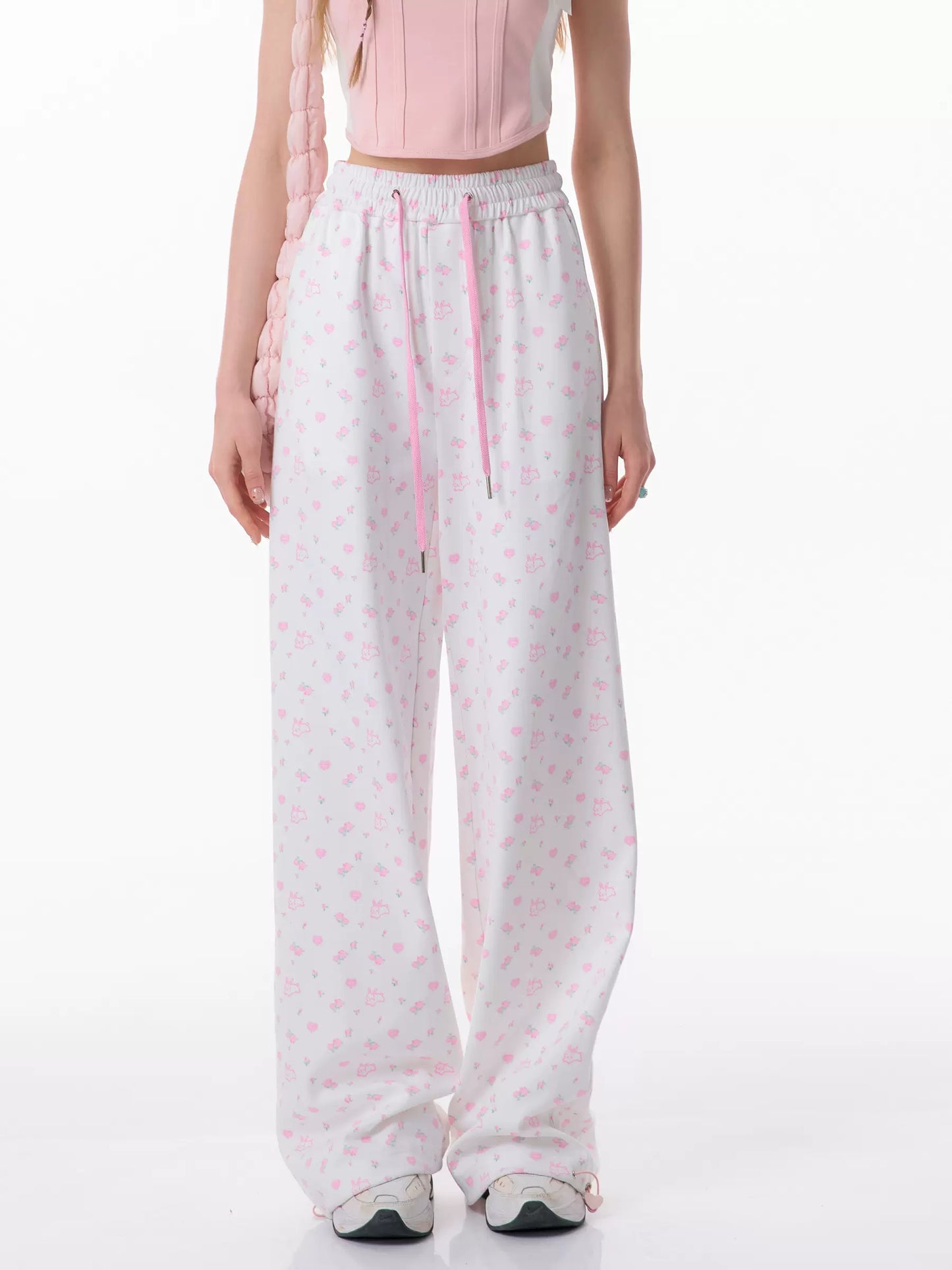 Rabbit Print Wide-Leg Pants | Retro High Waist Slim Fit Casual Style