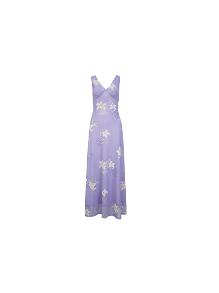 [Yarn Lily] French Vintage Purple Print Slip Maxi Dress