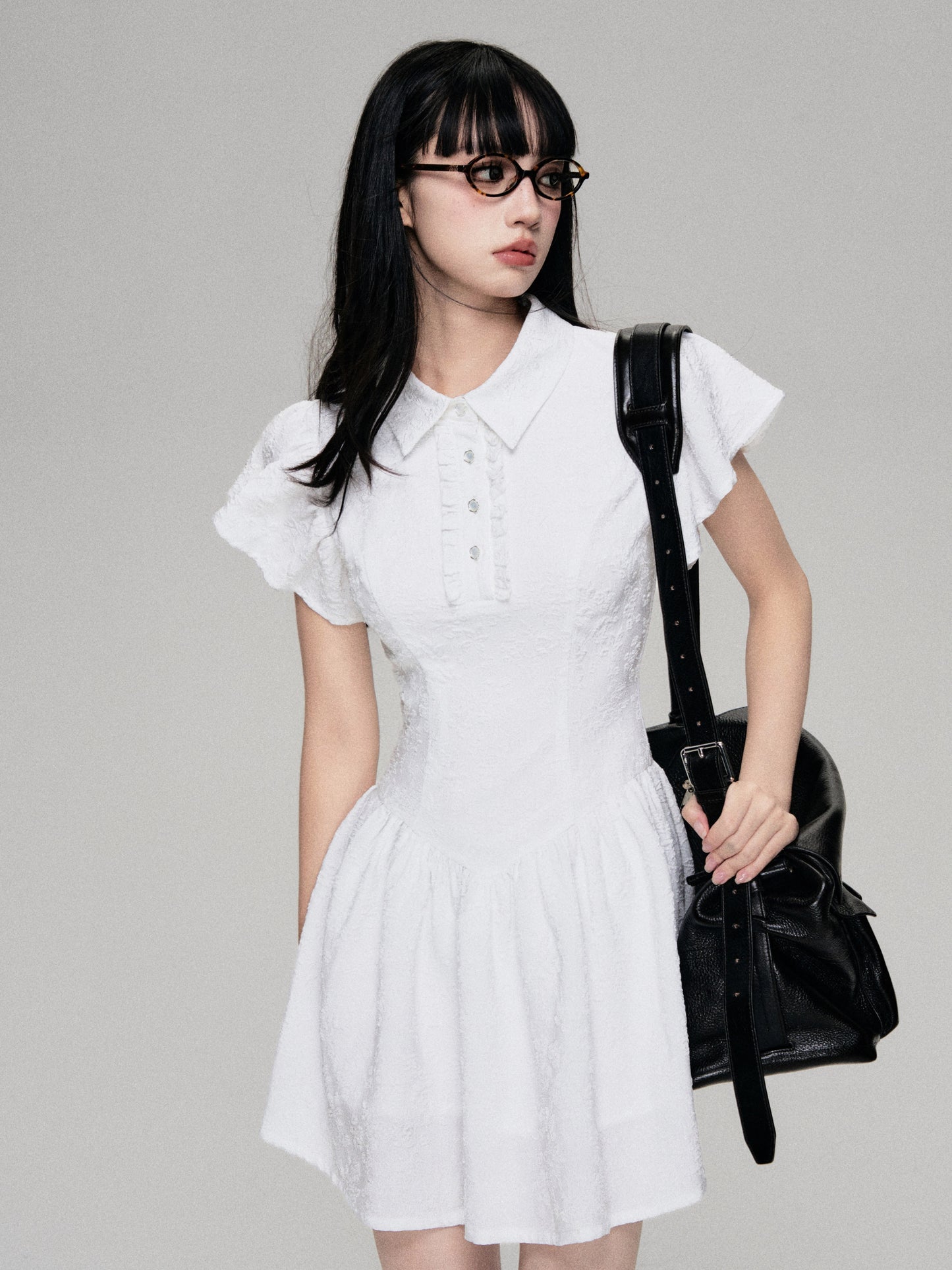 College Style Polo Neck A-Line Dress with Fly Sleeves