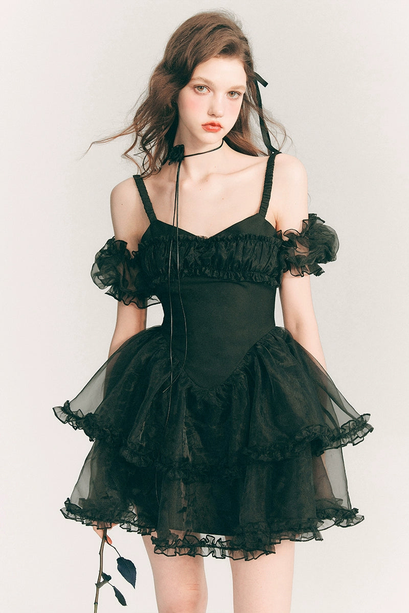 Ethereal Bubble Sleeve Organza Dress - Monochrome Elegance