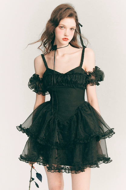 Ethereal Bubble Sleeve Organza Dress - Monochrome Elegance