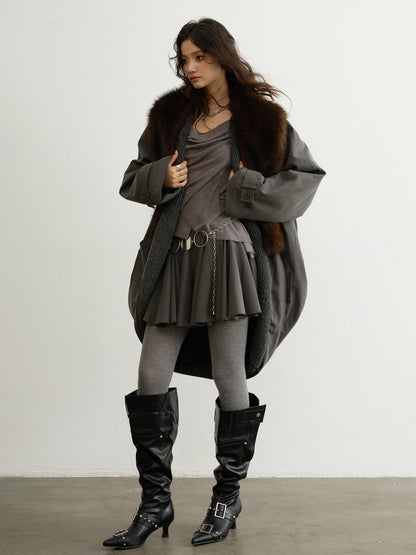 Distressed Long Jacket with Fur Collar | Urban Nomad Shell Coat