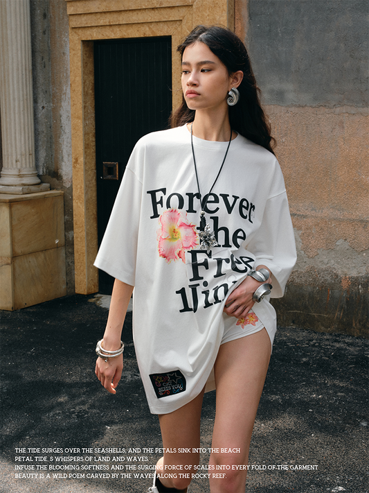 Floral Monogram Oversized T-Shirt – Loose Dropped Shoulder Rhinestone Top