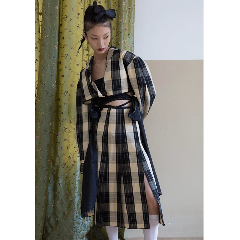 Autumn Lace-Up Colored Weaving Plaid Short Coat T3