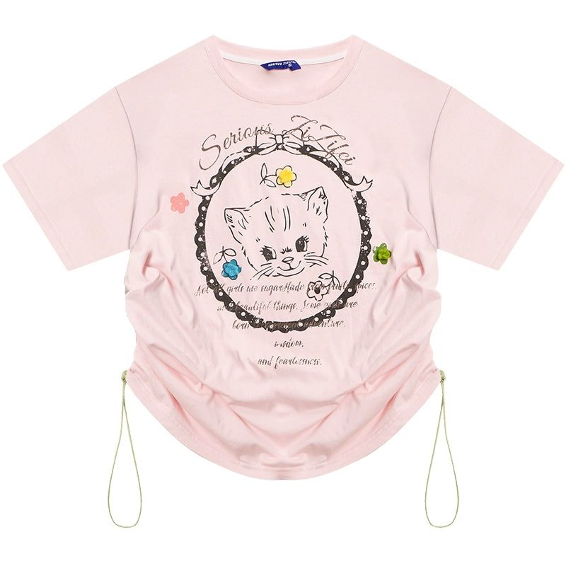 Cat Print Drawstring T-shirt | Loose Round Neck Retro Design for Summer