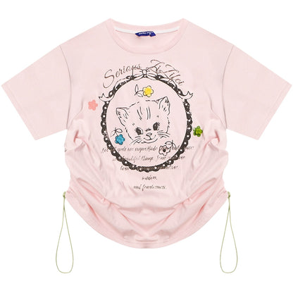 Cat Print Drawstring T-shirt | Loose Round Neck Retro Design for Summer