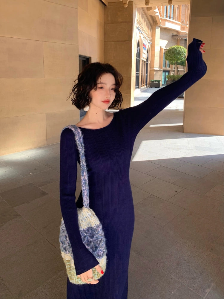 Retro Slim Waist Knitted Dress (Lanyun Collection)