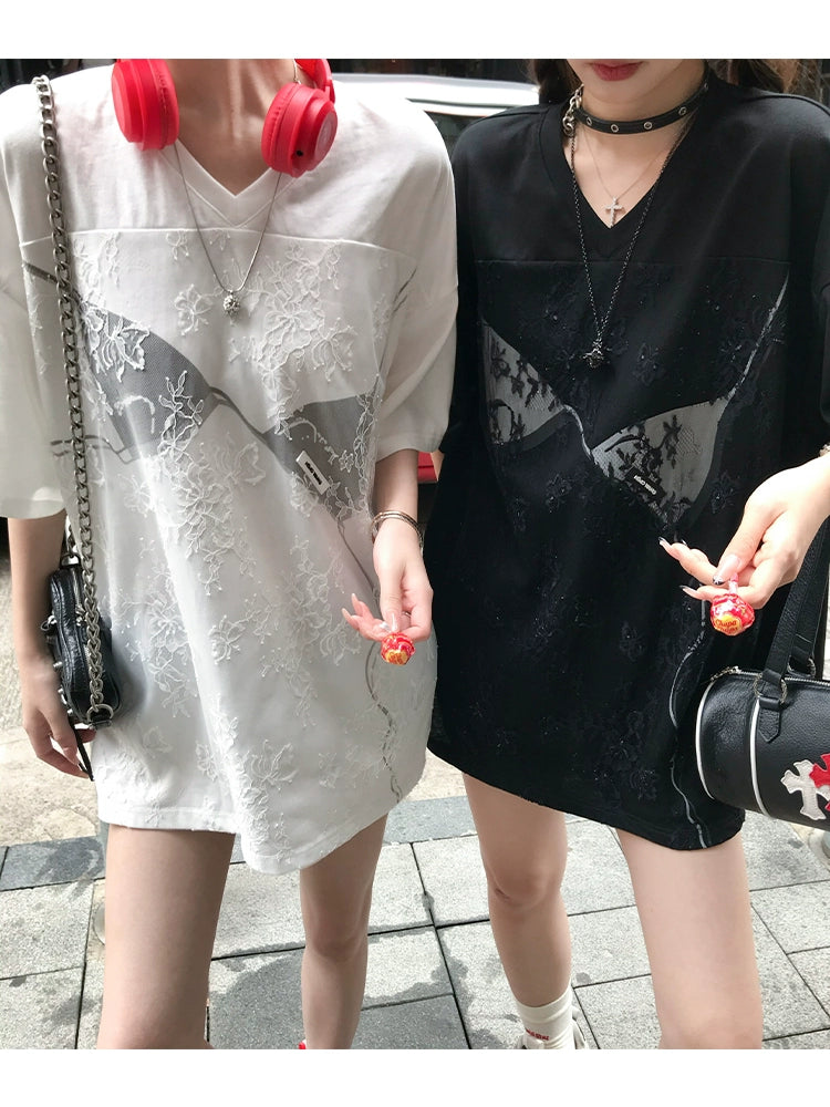 【Lady Fashion】 Loose Lace Lazy Style Short-Sleeve T-Shirt - Women's Summer Design