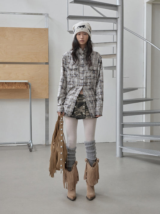 Distressed Plaid Shirt Jacket