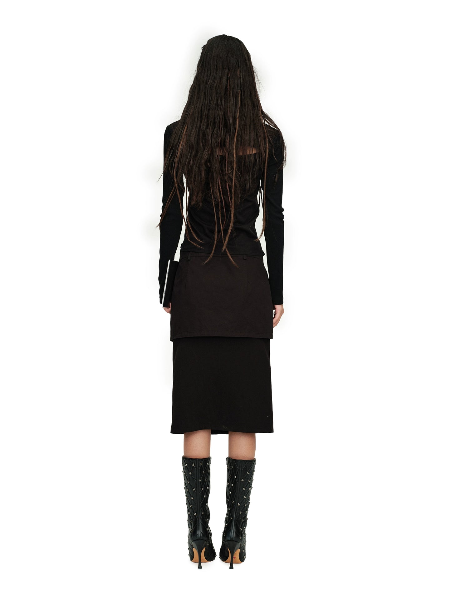 Sophisticated All-Black Look | Bandage Top & Skirt Multi-Structure Suit