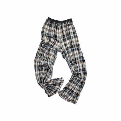 Plaid Ruched Waist Wide-Leg Cargo Pants