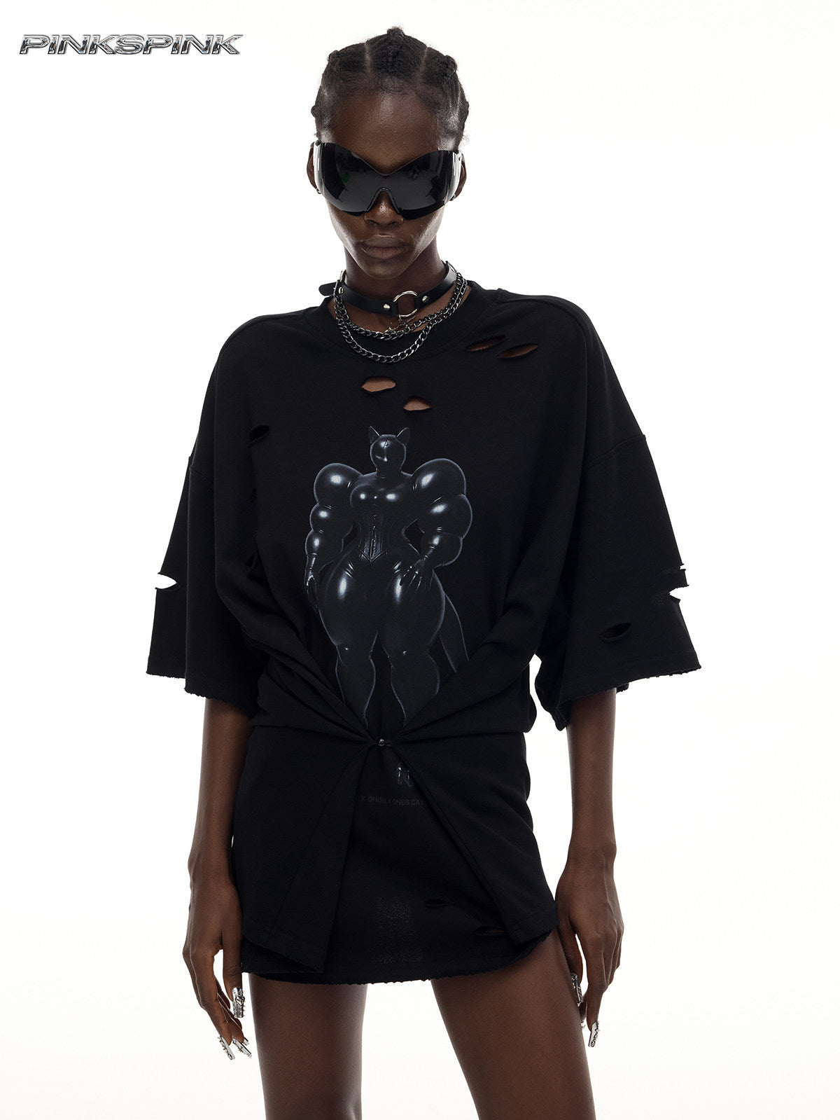 Cat Print Distressed Waist-Cinching Y2K Tee