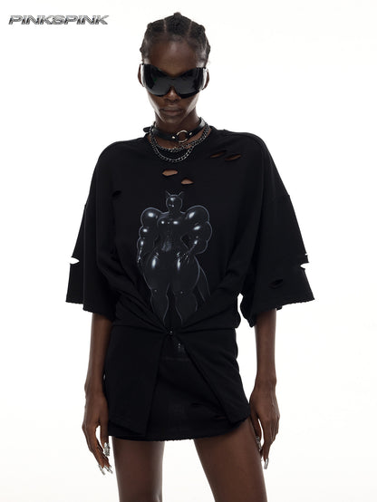 Cat Print Distressed Waist-Cinching Y2K Tee