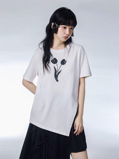 Sweet Cool Inkjet Tulip Print Asymmetric Hem T-shirt