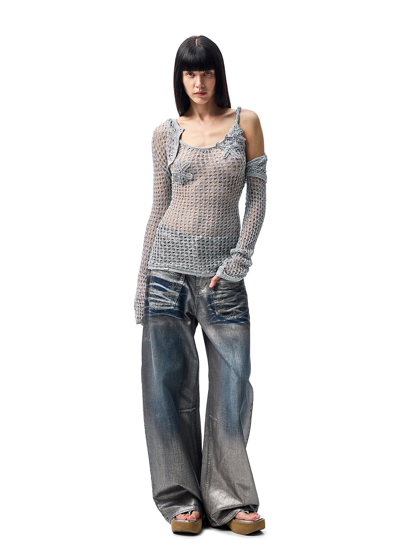 Silver Embroidered Distressed Wide-Leg Denim Pants – Low-Rise Statement Jeans