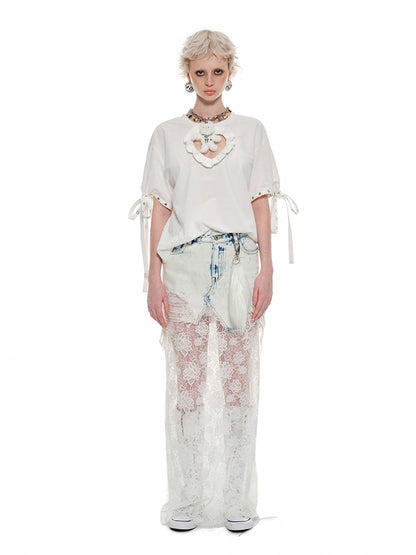 French Lace Panel Denim Maxi Skirt – Sheer Feminine Design