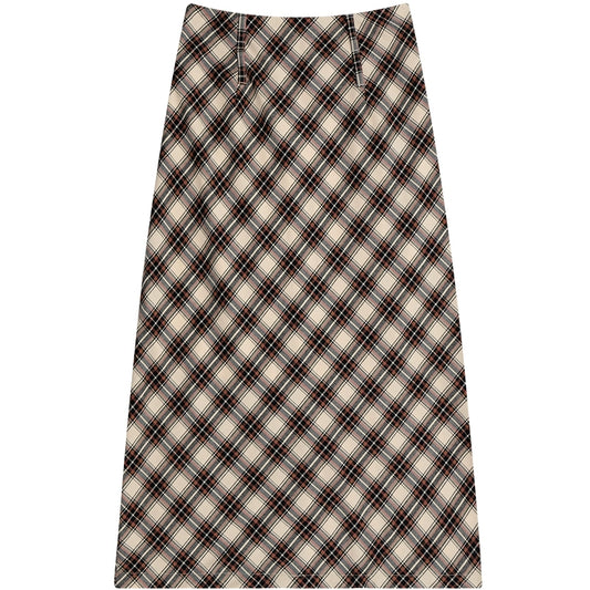 Brown Plaid A-Line Skirt | High Waist Slim Fit Retro Style for Autumn/Winter