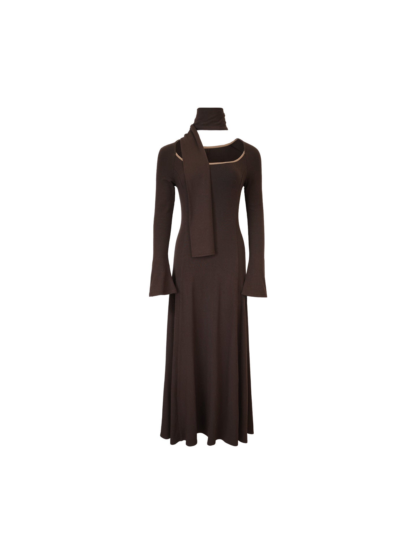 Plain Shadow Scarf-Neck Maxi Dress