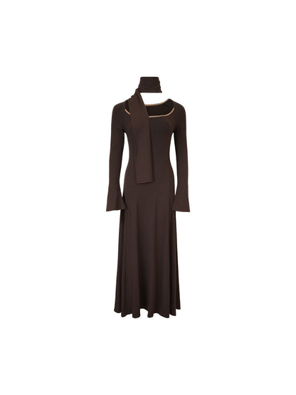 Plain Shadow Scarf-Neck Maxi Dress