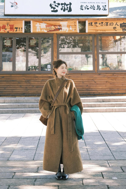 Reversible Cashmere Coat – Chic Mid-Length Half-Turtleneck Wool Jacket