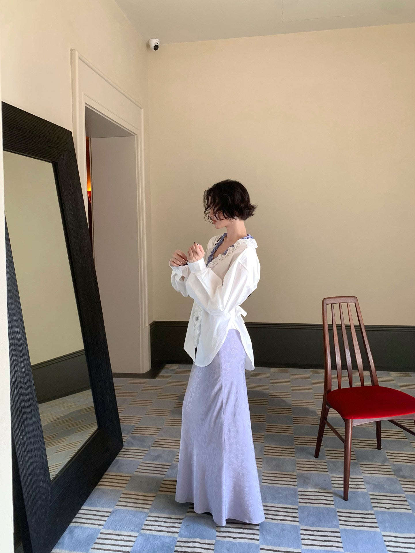 French Retro Color-Block Faux Two-Piece Lace V-Neck Shirt – Autumn Style