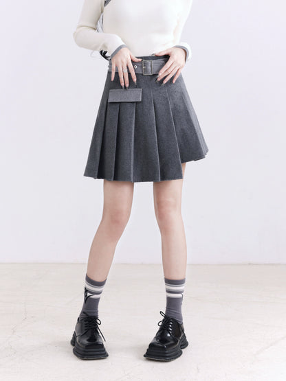 Patchwork Asymmetrical Pleated Gray Woolen Skirt
