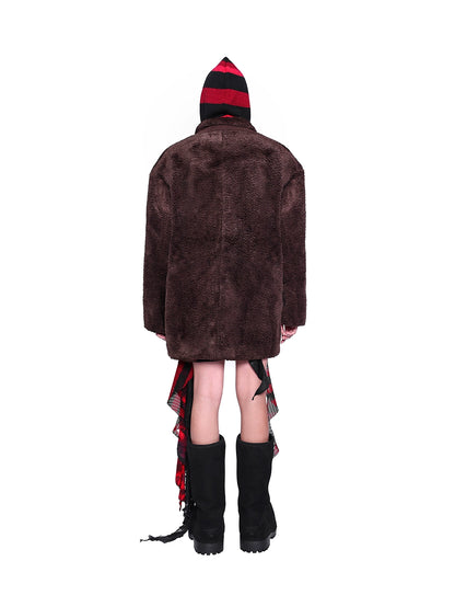 Caramel Suede Genderless Coat – Luxe Fur Loose Silhouette for Warmth