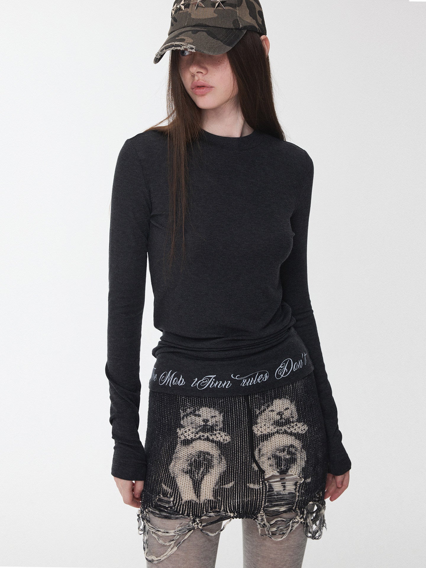 Cat Print Drawstring Midi Skirt