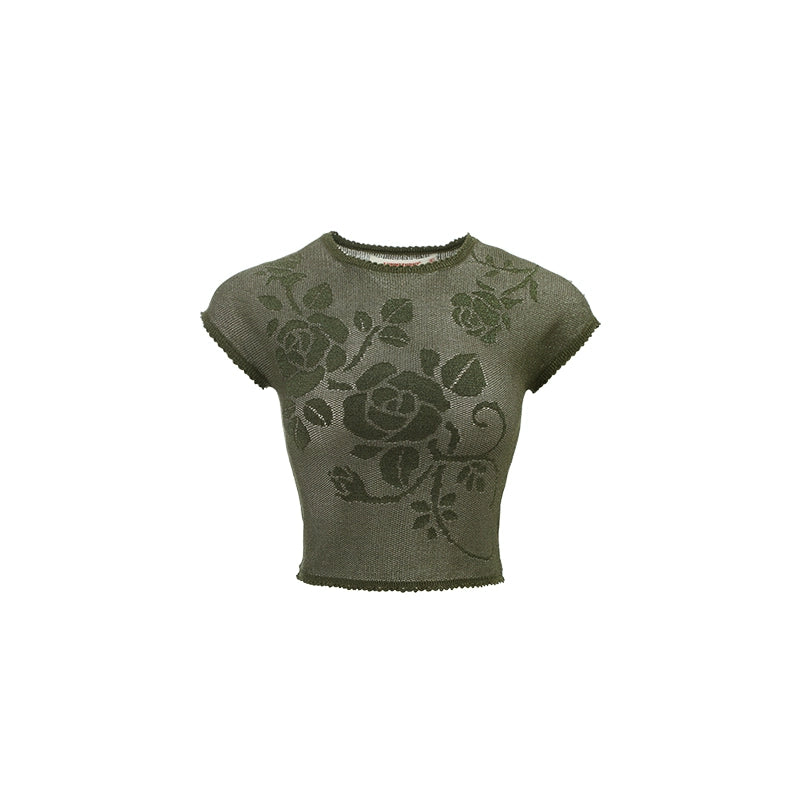 Rose Cutout Glitter Knit T-Shirt – Sheer Short Sleeve Slim Crop Top