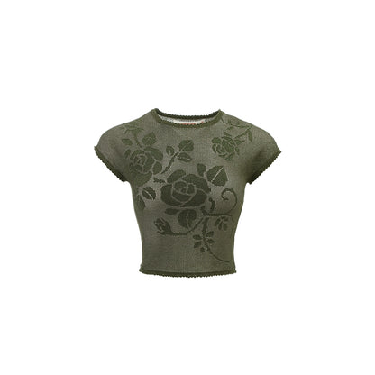 Rose Cutout Glitter Knit T-Shirt – Sheer Short Sleeve Slim Crop Top