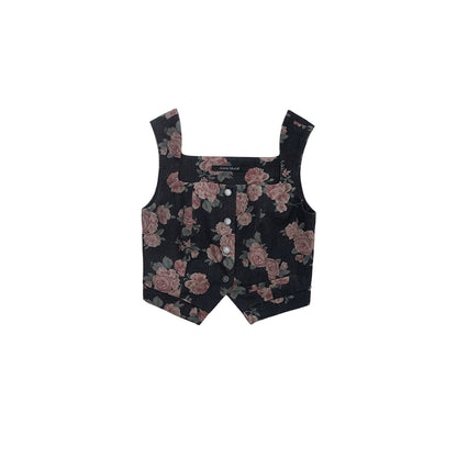 Retro Rose Print Denim Vest