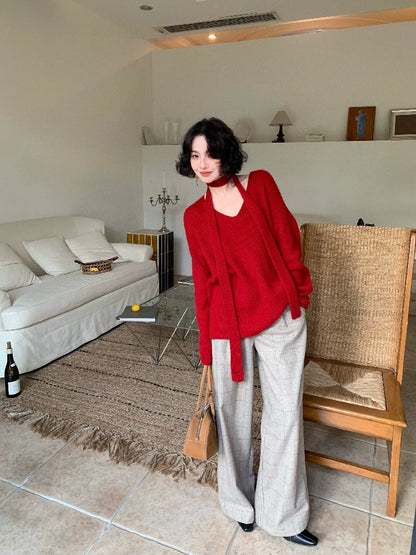 V-Neck Raccoon Velvet Base Sweater with Scarf (Strawberry Jam)