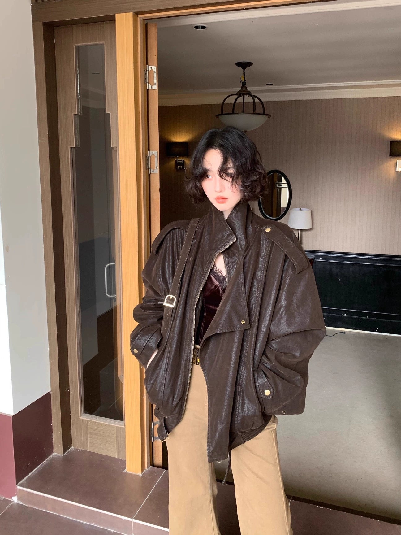 Distressed PU Leather Jacket – Wine Afternoon Hong Kong Retro Fall/Winter 2025