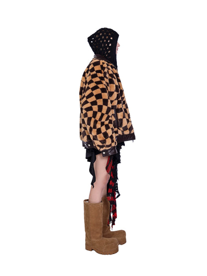 Twisted Checkerboard Plush Panels Chic Fur Coat