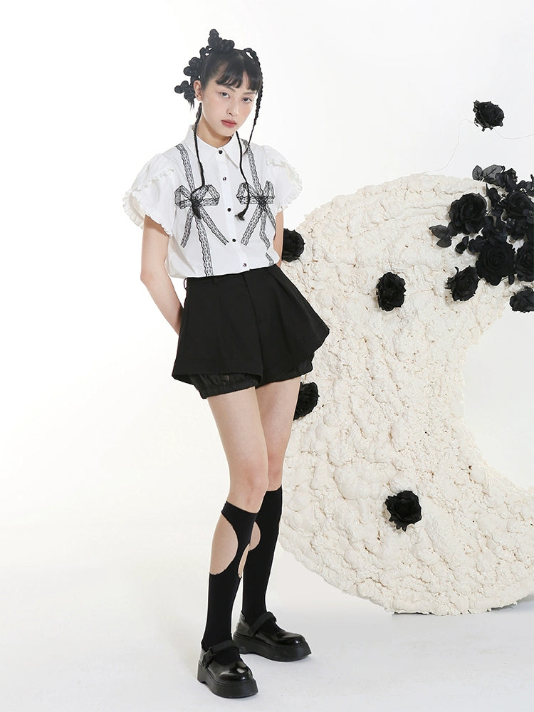 Dark Sweet Cool Lace Bow Short Sleeve Wood Ear Shirt