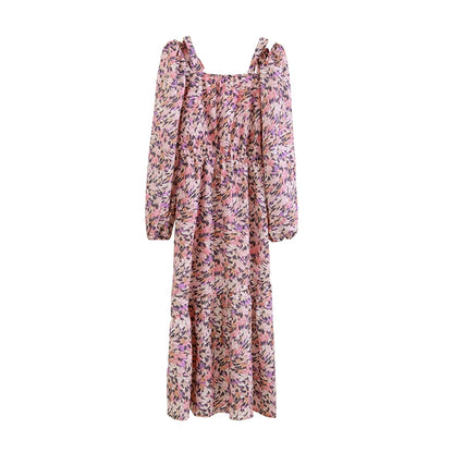 Little Wild Flower Vintage Square Collar Strap Off Shoulder Tea Break Dress Fragmented Flower Early Autumn Dress