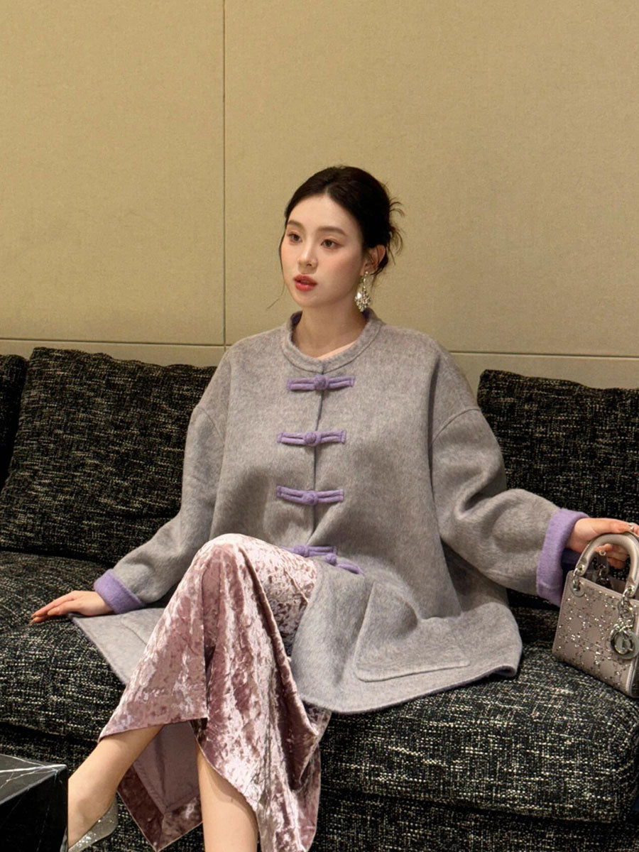 New Chinese Cashmere Coat – Luxury Gray Wool Jacket with Classic Buttons
