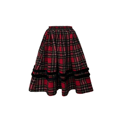 Diseño Original a cuadros rojo y negro, cuello de felpa desmontable, bola de felpa, abrigo de felpa navideño, conjunto de media falda
