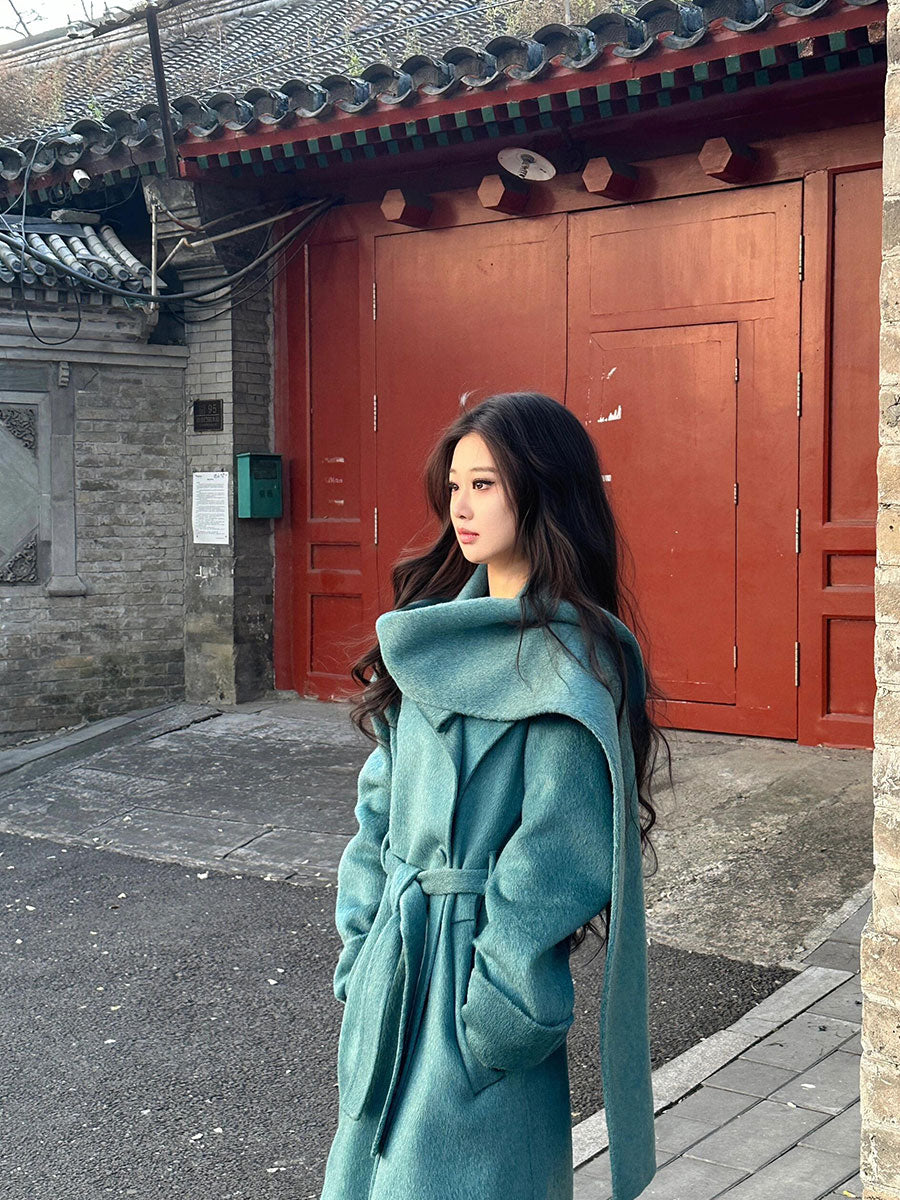 Blue Reversible Cashmere Coat – Luxurious Winter Scarf Woolen Jacket