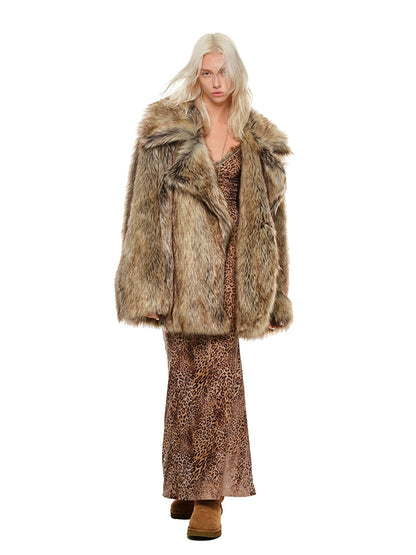 Brown Gradient Eco-Fur Midi Coat – Faux Wolf Fur Lapel Jacket for Fall/Winter
